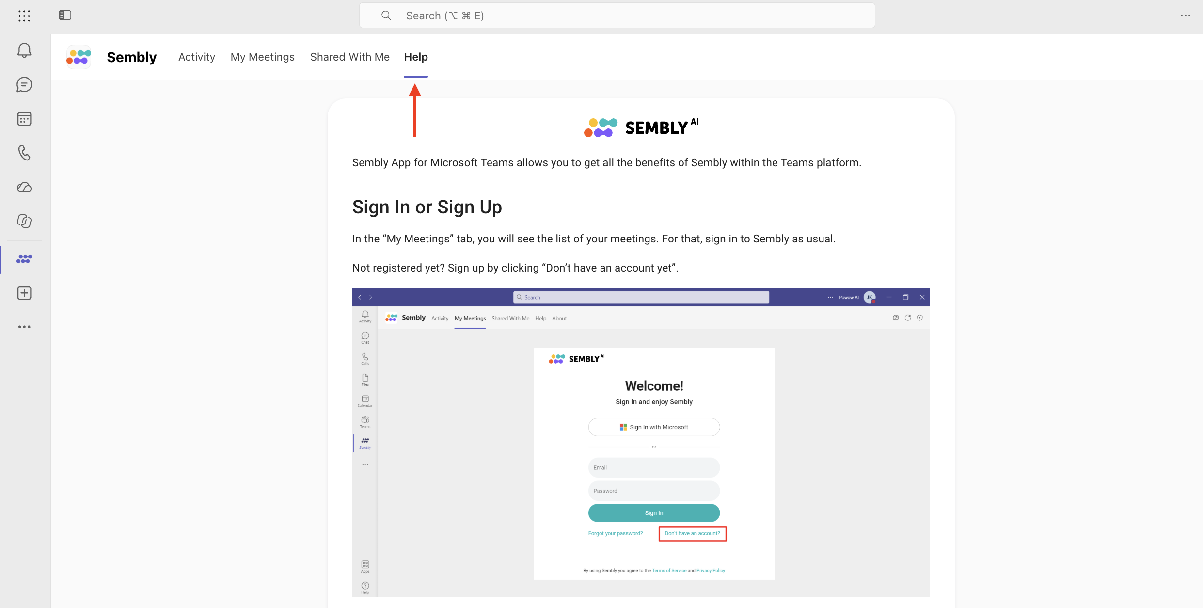 Sembly’s Help article shows the Teams sign-in screen; a red box marks “Don’t have an account?”, and a red arrow points to the Help tab. Visible: Help, My Meetings, Sign In or Sign Up, Welcome!, Sign In with Microsoft, Email.