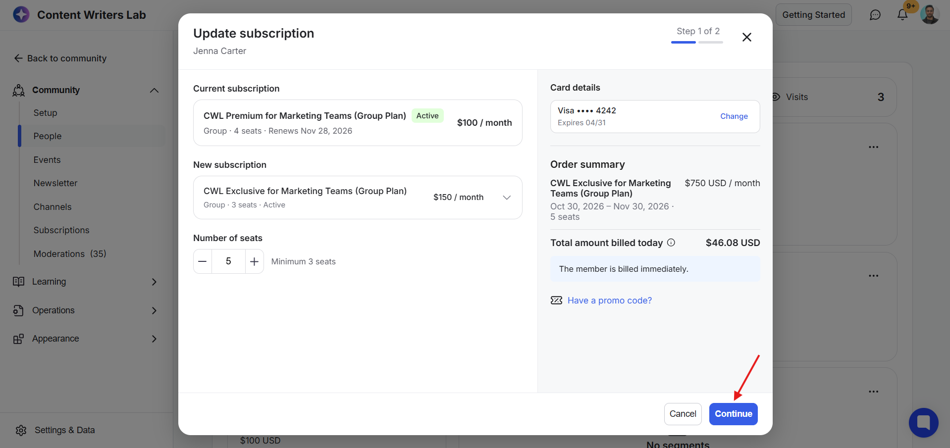 The Update subscription dialog for Jenna Carter shows plan, seat, card, and billing details; a red arrow points to Continue at the bottom right. Visible: Update subscription, Jenna Carter, Step 1 of 2, Current subscription, CWL Premium for Marketing Teams (Group Plan), Active.