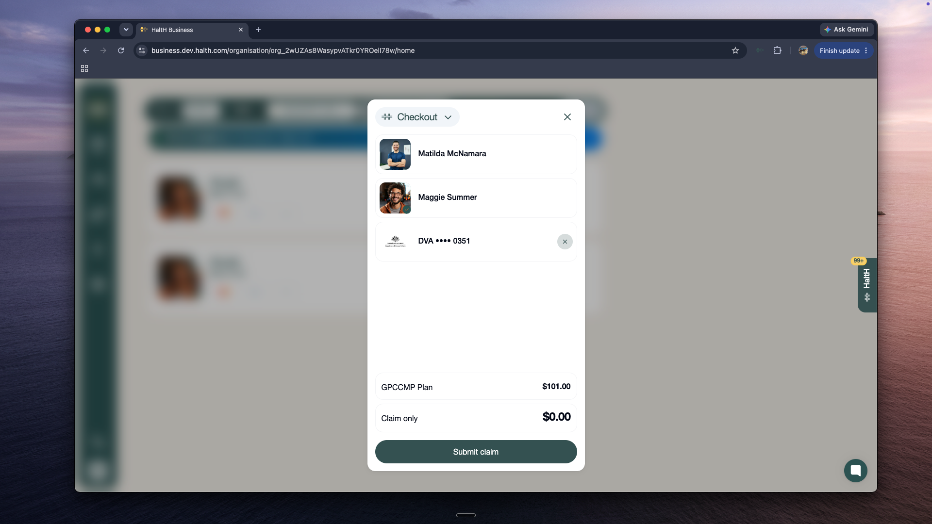 A Checkout modal lists two people and a DVA card ending 0351, with GPCCMP Plan $101.00, Claim only $0.00, and a Submit claim button. Visible: Checkout, Matilda McNamara, Maggie Summer, DVA •••• 0351, GPCCMP Plan, $101.00.