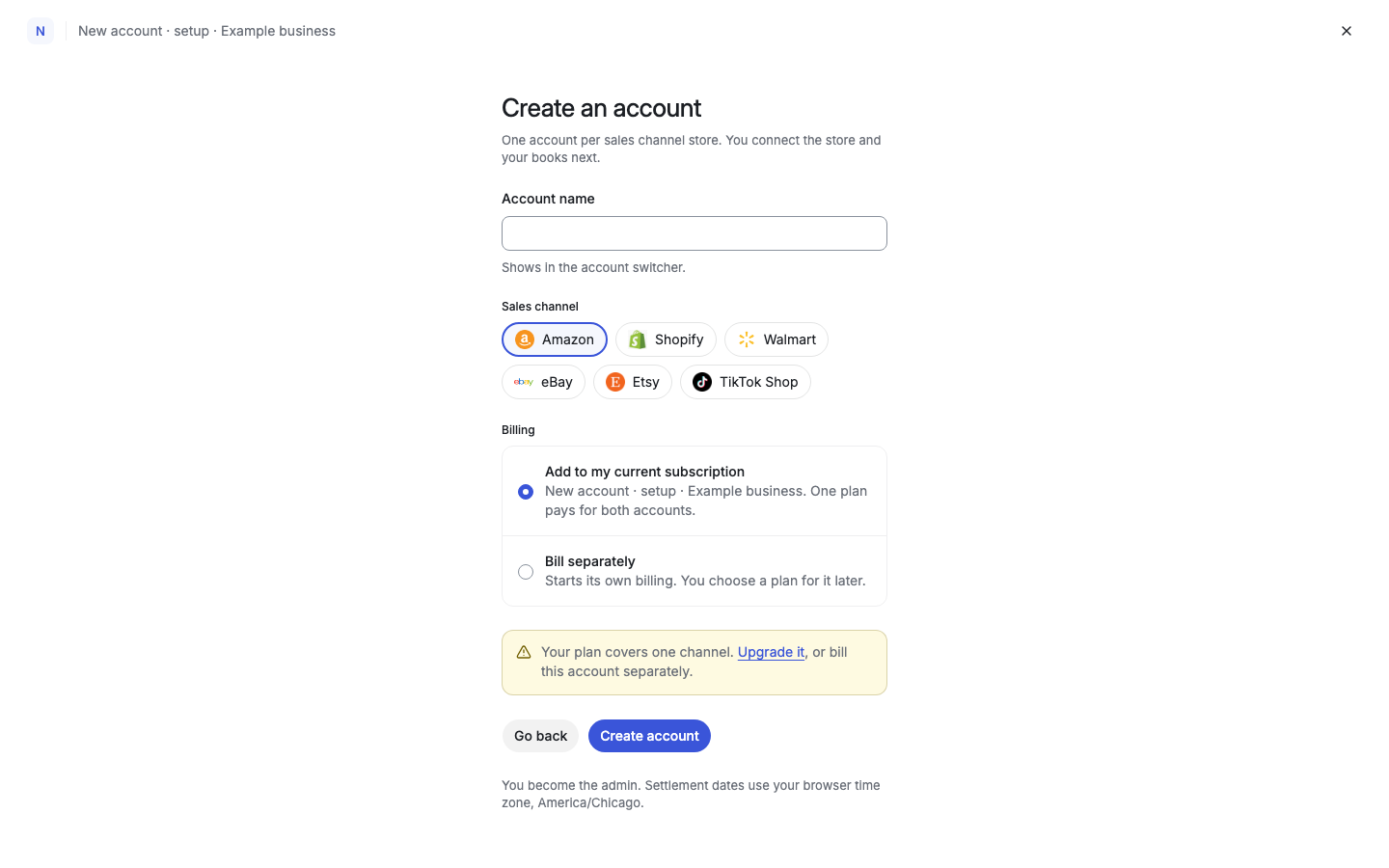 Create an account form with account name, sales channel, and billing