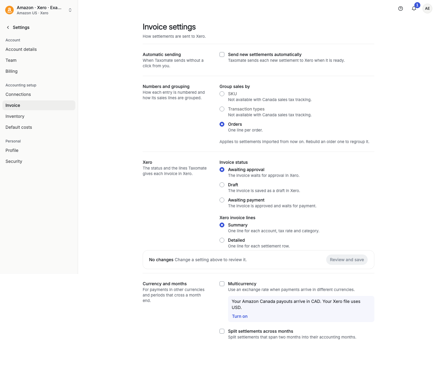 Invoice settings with the Xero invoice lines choice of Summary or Detailed