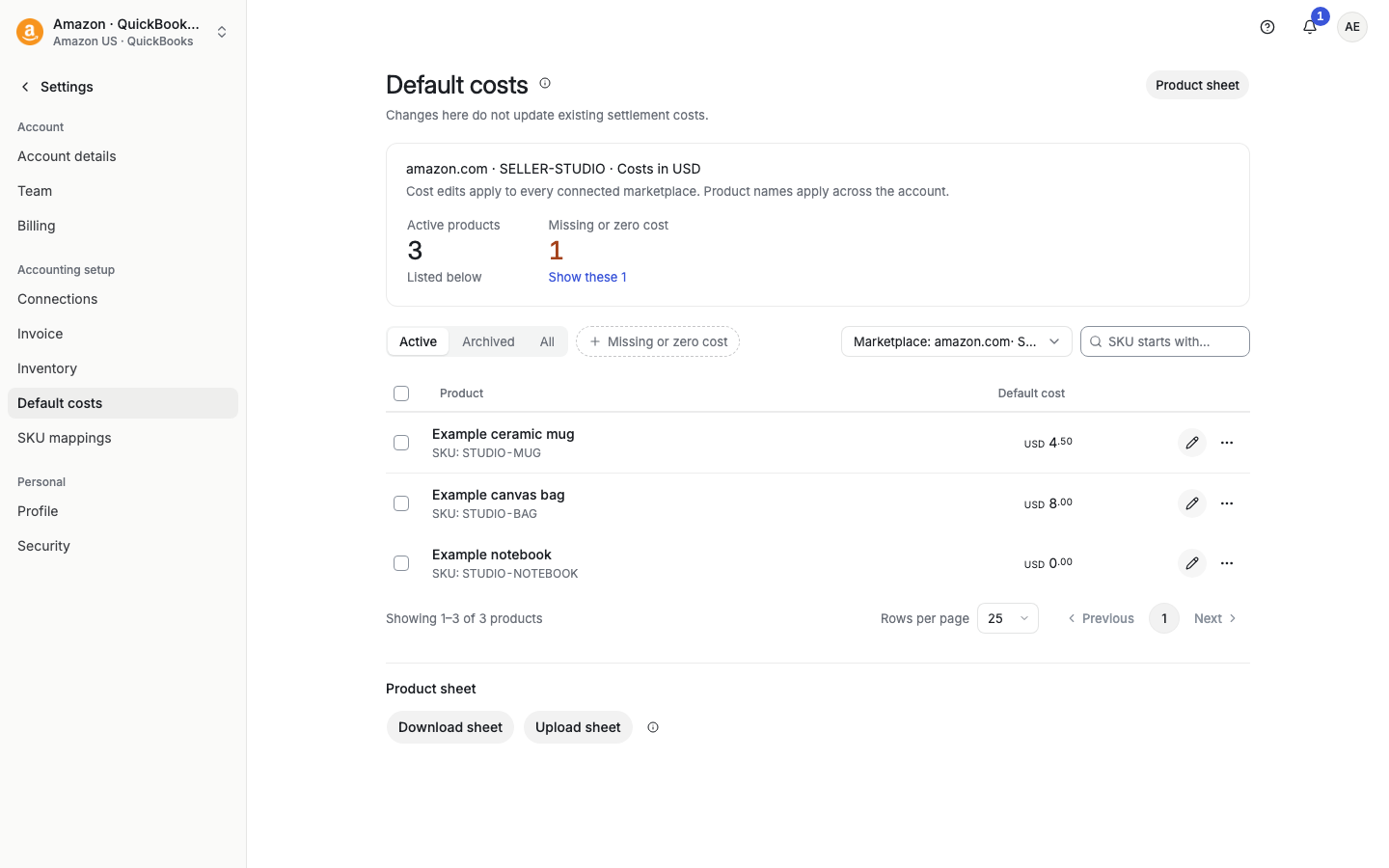 Default costs page listing products with their default cost