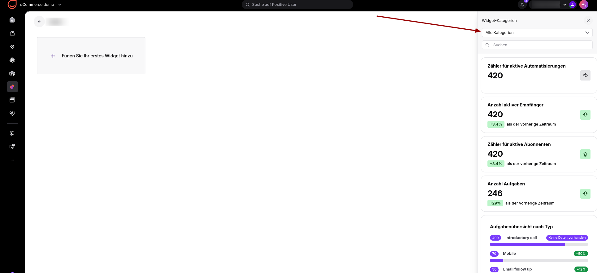 A dashboard widget editor shows an empty canvas and a right-side Widget-Kategorien panel; a red arrow points to the Alle Kategorien dropdown. Visible: eCommerce demo, Suche auf Positive User, Fügen Sie Ihr erstes Widget hinzu, Widget-Kategorien, Alle Kategorien, Suchen.