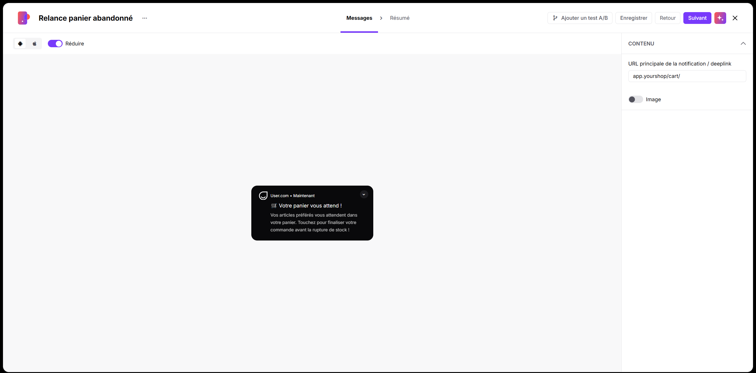 L’écran Messages de « Relance panier abandonné » affiche l’aperçu d’une notification et, dans le panneau Contenu, son URL principale. Visible: Relance panier abandonné, Messages, Résumé, Ajouter un test A/B, Enregistrer, Retour.