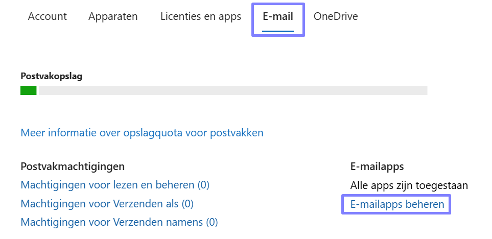 De E-mail-sectie van een account toont de postvakopslag, postvakmachtigingen en toegestane e-mailapps; paarse kaders markeren het tabblad E-mail en E-mailapps beheren. Visible: Account, Apparaten, Licenties en apps, E-mail, OneDrive, Postvakopslag.
