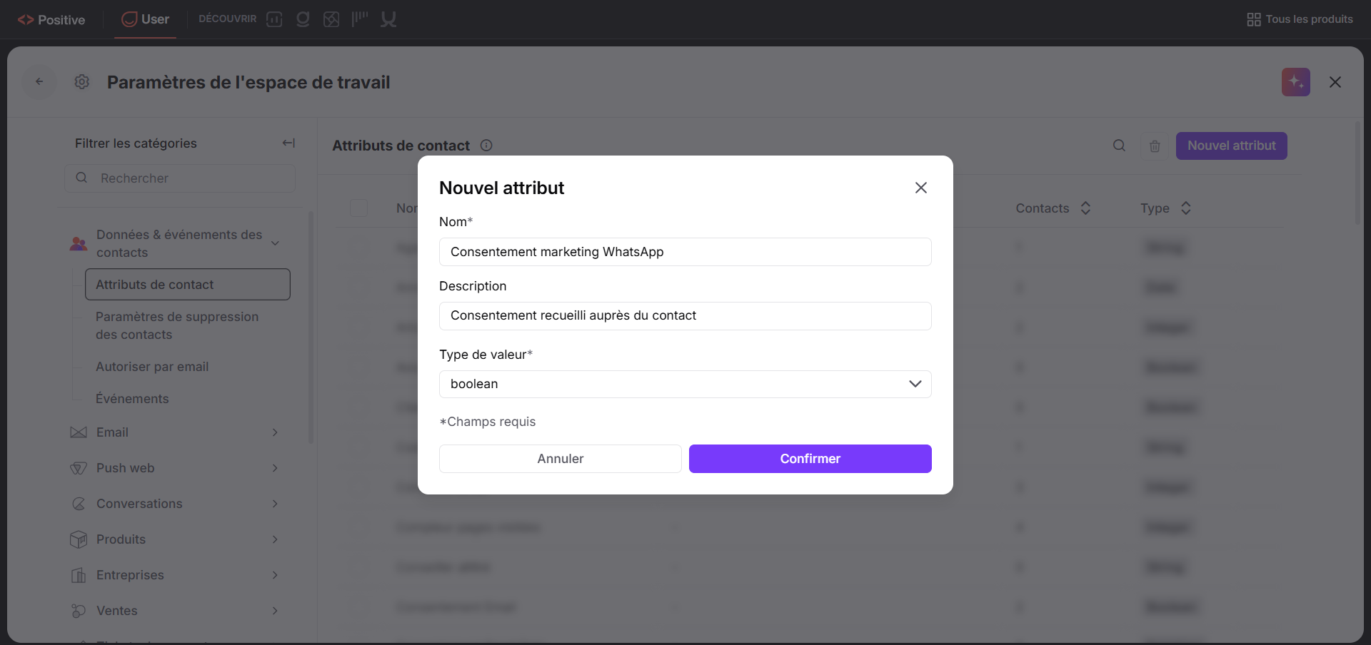 La fenêtre « Nouvel attribut » est ouverte dans les paramètres de l’espace de travail, section « Attributs de contact », avec un formulaire prérempli. Visible: Paramètres de l'espace de travail, Attributs de contact, Nouvel attribut, Nom*, Consentement marketing WhatsApp, Description.