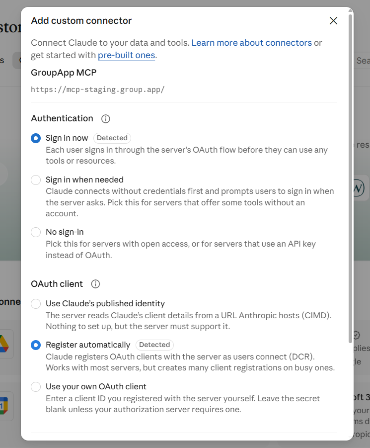 The Add custom connector dialog for GroupApp MCP shows its URL and authentication and OAuth client options, with Sign in now and Register automatically selected. Visible: Add custom connector, Connect Claude to your data and tools., Learn more about connectors, pre-built ones, GroupApp MCP, https://