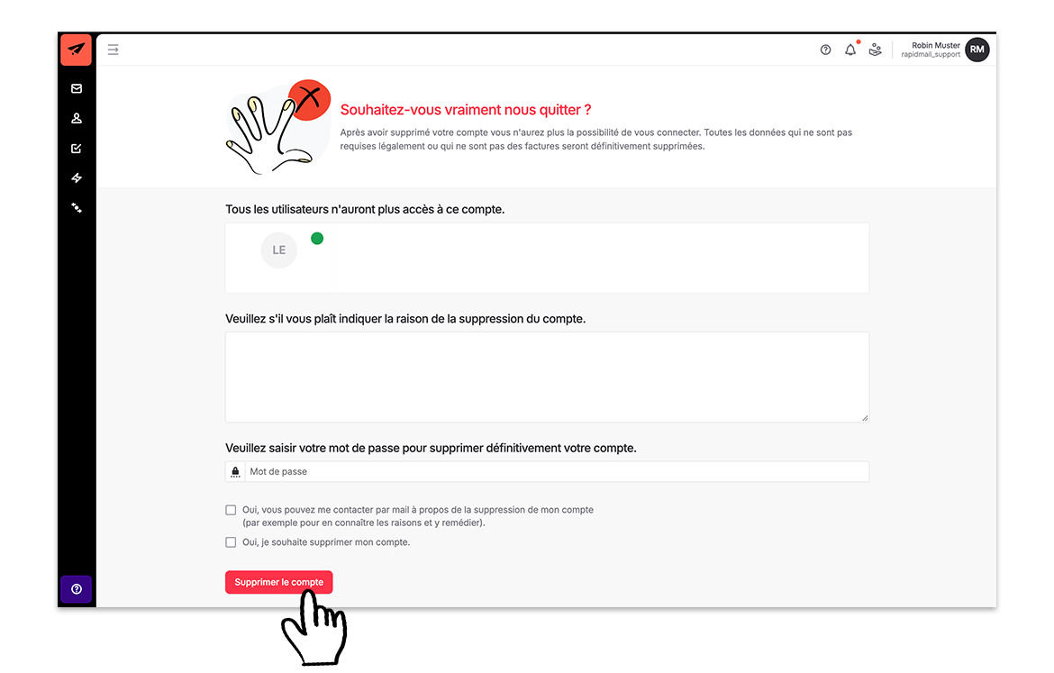 Page de confirmation de la suppression du compte : un pointeur indique le bouton rouge « Supprimer le compte ».