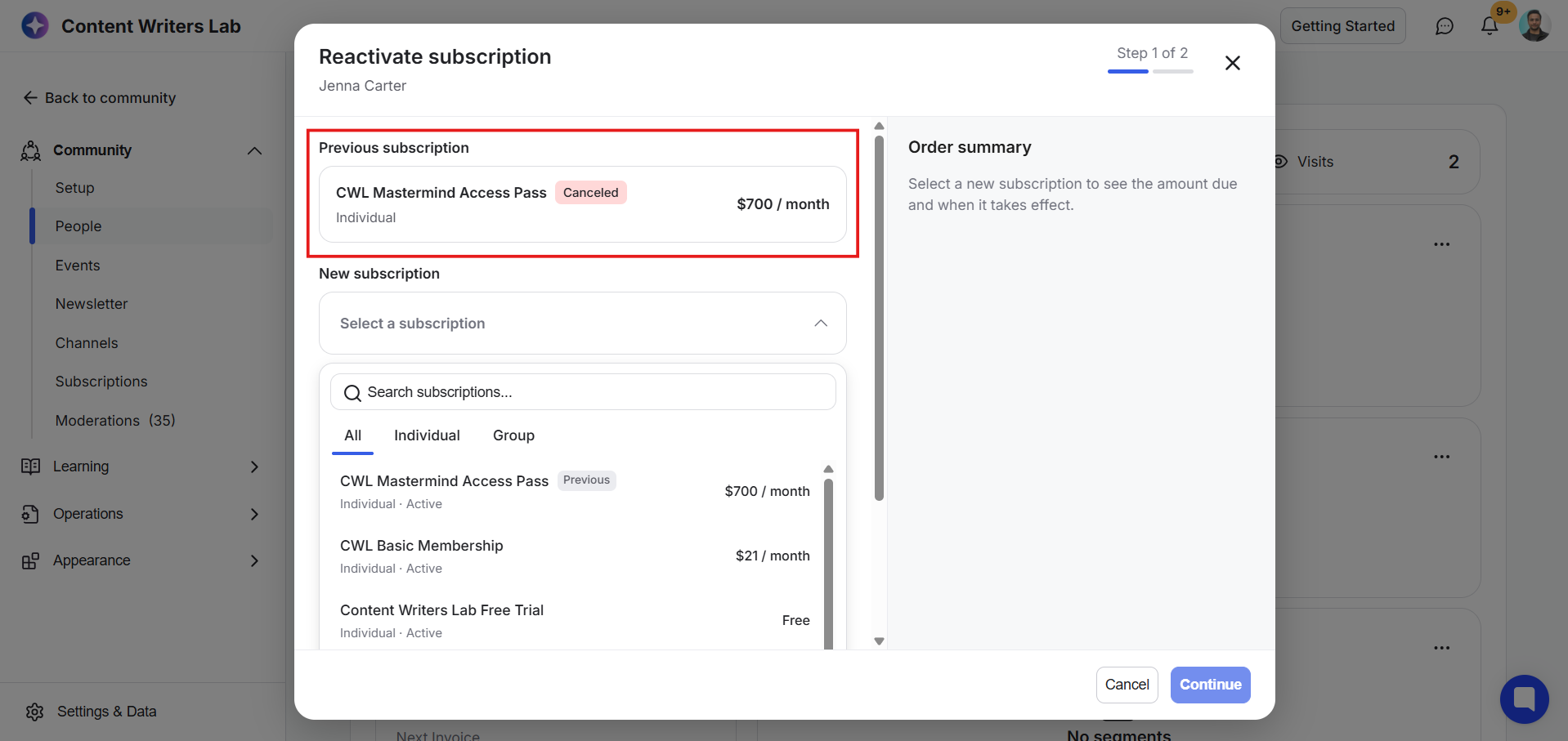 The Reactivate subscription dialog, Step 1 of 2, shows Jenna Carter’s canceled previous subscription outlined in red above the new subscription selector. Visible: Reactivate subscription, Jenna Carter, Step 1 of 2, Previous subscription, CWL Mastermind Access Pass, Canceled.