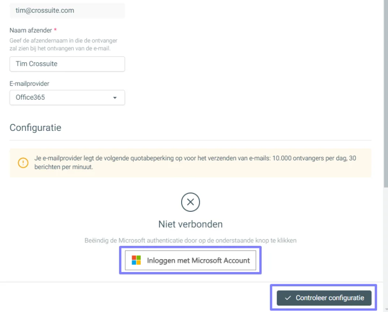 Het configuratiescherm voor e-mail toont Office365 als provider en de status ‘Niet verbonden’; paarse kaders markeren de Microsoft-aanmeldknop en ‘Controleer configuratie’. Visible: tim@crosssuite.com, Naam afzender *, Tim Crossuite, E-mailprovider, Office365, Configuratie.
