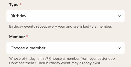 Add Event form with Birthday selected and the required Member field.