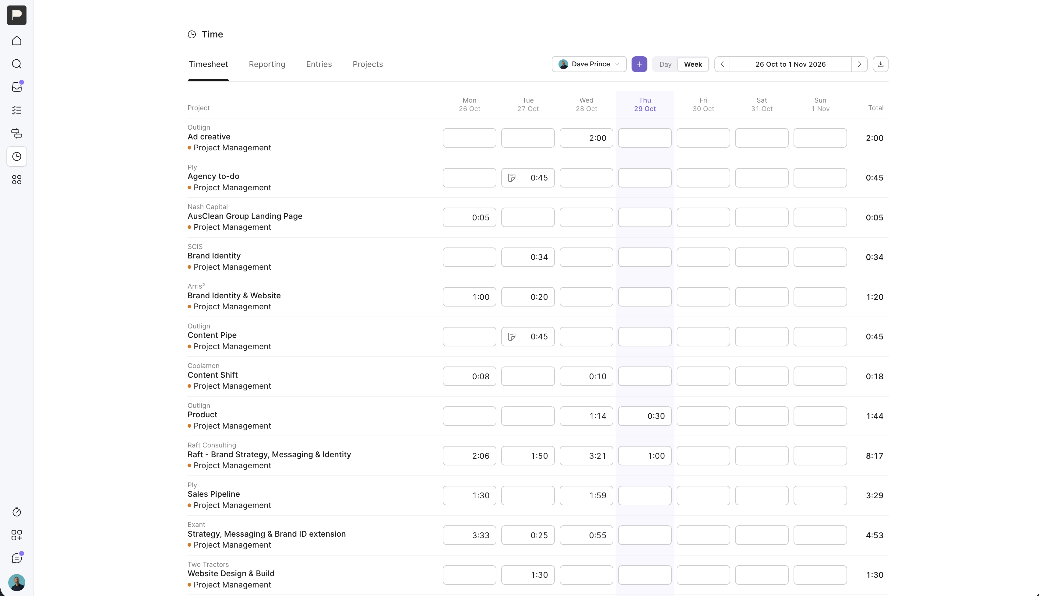 The Time section’s weekly Timesheet screen shows project rows and logged hours for 26 Oct to 1 Nov 2026, with Thursday 29 Oct highlighted. Visible: Time, Timesheet, Reporting, Entries, Projects, Dave Prince.