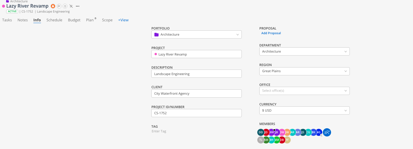 The Lazy River Revamp project’s Info tab shows project details, portfolio, proposal, department, region, office, currency, and members. Visible: Info, PORTFOLIO, Architecture, PROJECT, Lazy River Revamp, DESCRIPTION.