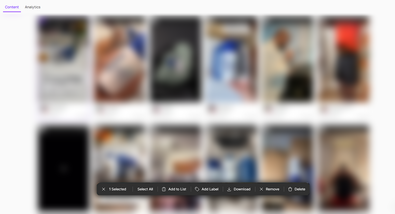 Content tab gallery shows a grid of media thumbnails with one item selected and a bulk-action toolbar at the bottom. Visible: Content, Analytics, 1 Selected, Select All, Add to List, Add Label.
