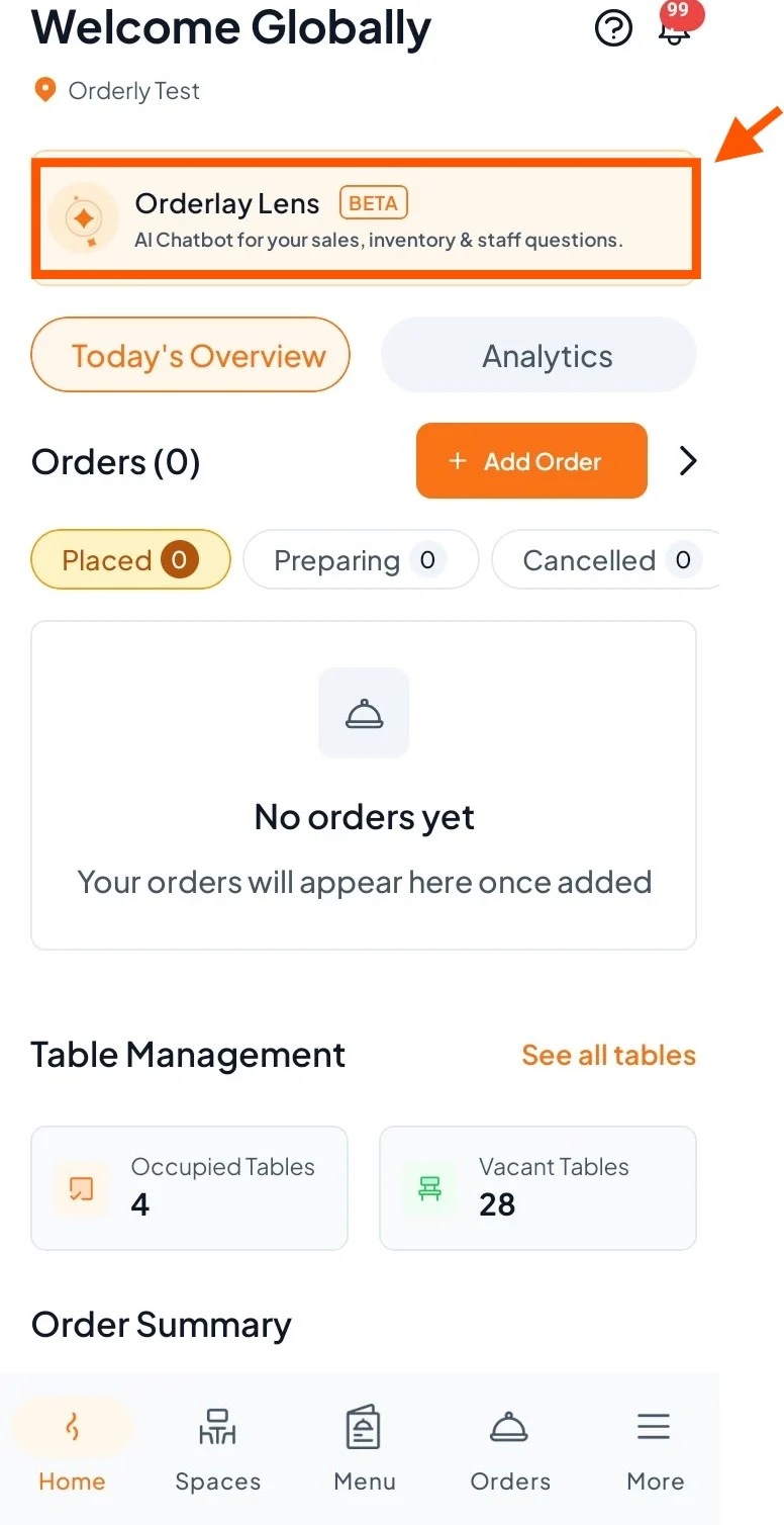 Welcome Globally dashboard for Orderly Test, with the Orderlay Lens beta chatbot banner highlighted above the order overview and table management sections. Visible: Welcome Globally, Orderly Test, Orderlay Lens, BETA, AI Chatbot for your sales, inventory & staff questions., Today's Overview.