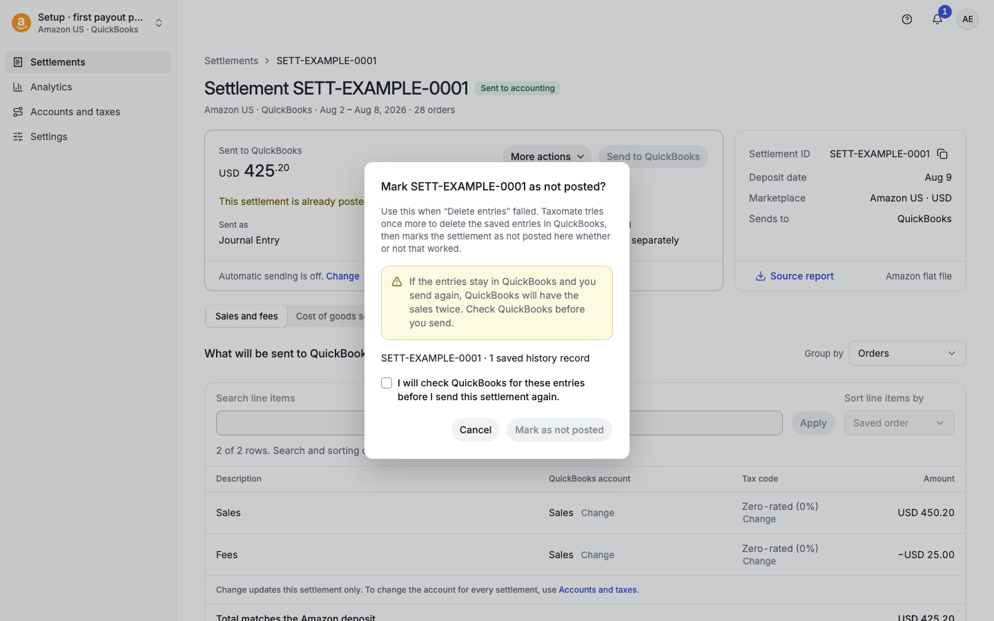 Mark as not posted dialog with a confirmation checkbox