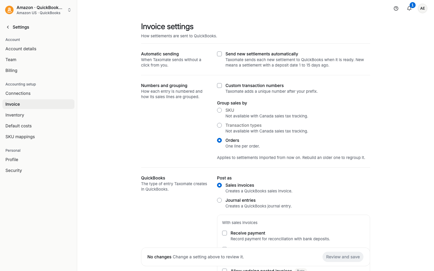 Invoice settings with the Custom transaction numbers option