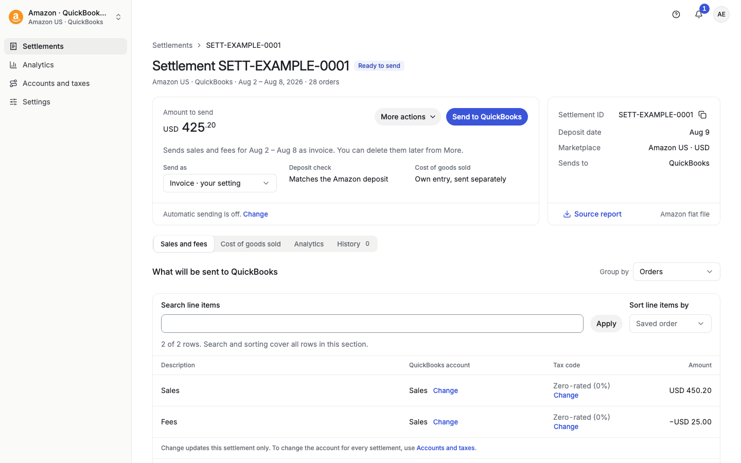 Settlement page with amount to send, Send to QuickBooks and What will be sent