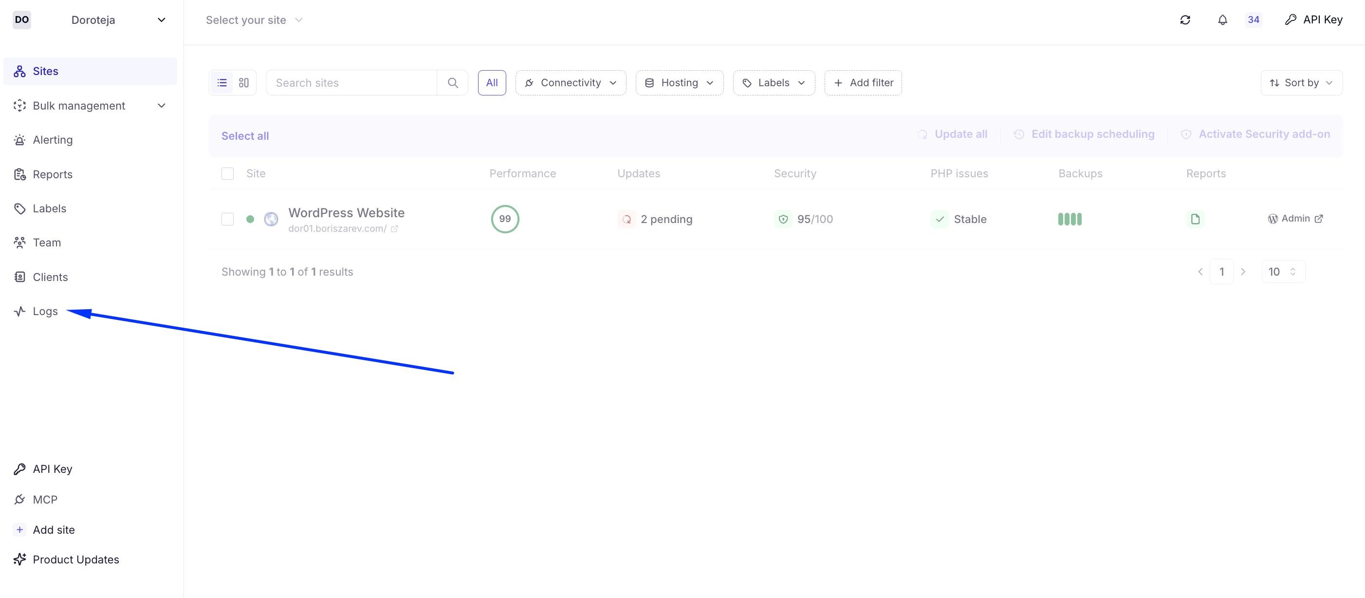 The Sites dashboard lists one WordPress website, and a blue arrow points to Logs in the left navigation. Visible: Sites, Bulk management, Alerting, Reports, Labels, Team.
