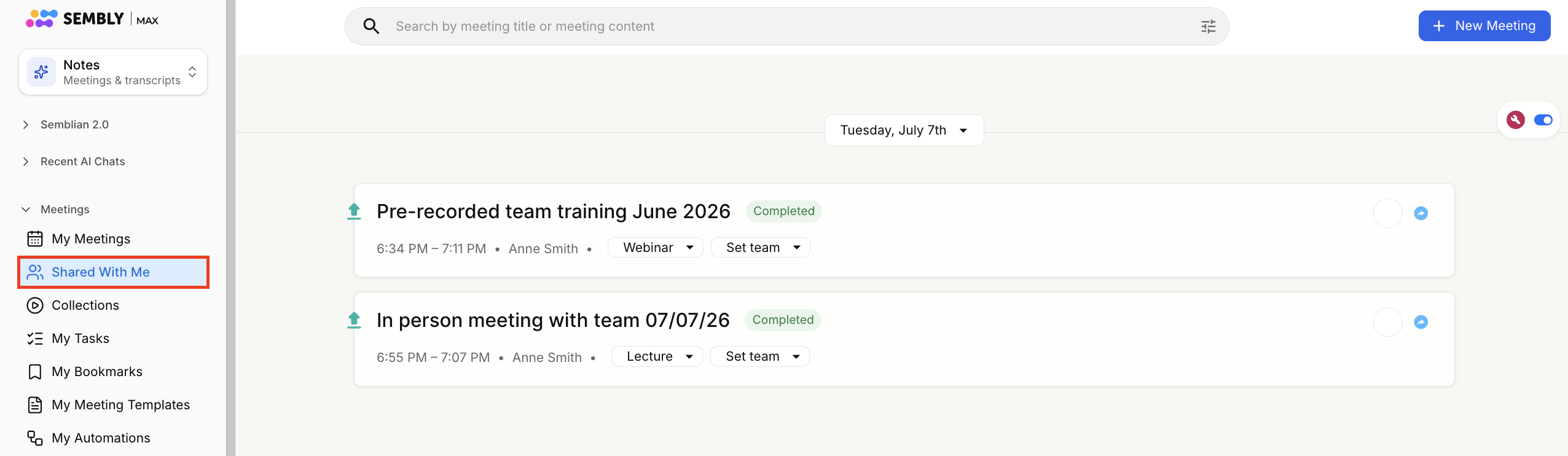 Sembly MAX Meetings screen shows the Shared With Me section selected in the left sidebar and two shared meeting cards. Visible: SEMBLY, MAX, Notes, Meetings & transcripts, Semblian 2.0, Recent AI Chats.