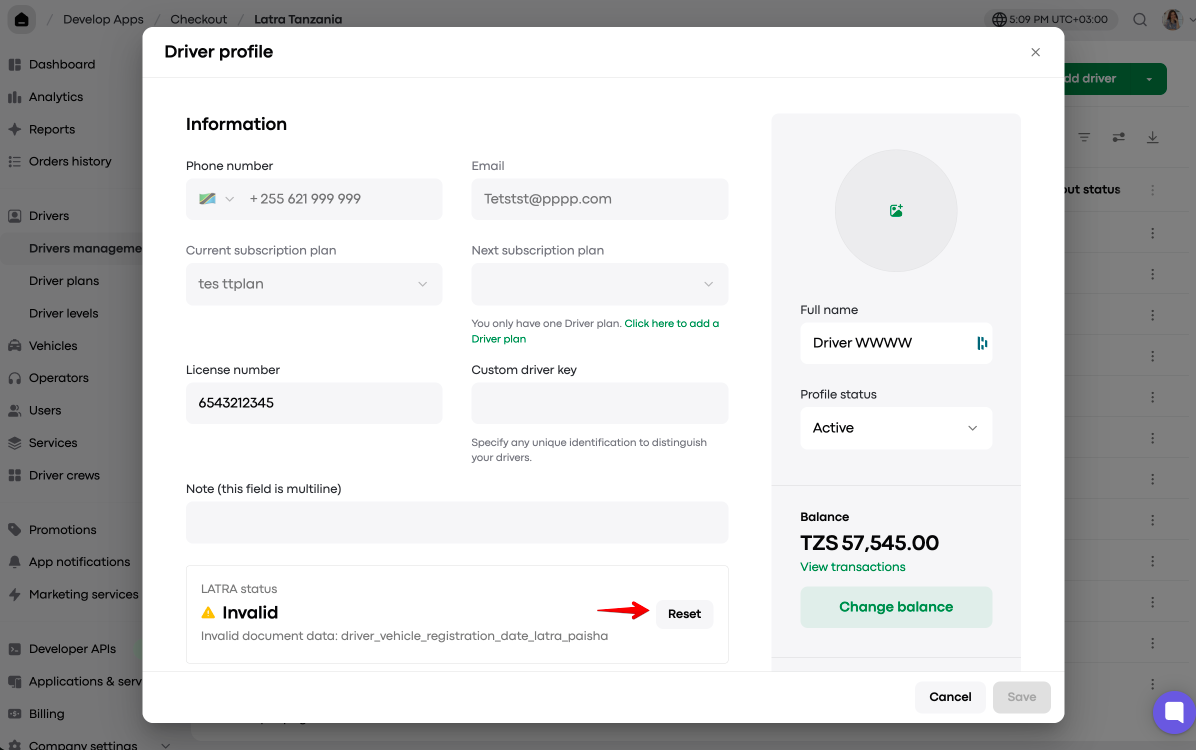 Driver profile modal in Drivers management shows driver details and an Invalid LATRA status; a red arrow points to the Reset button. Visible: Driver profile, Information, Phone number, Email, Current subscription plan, Next subscription plan.