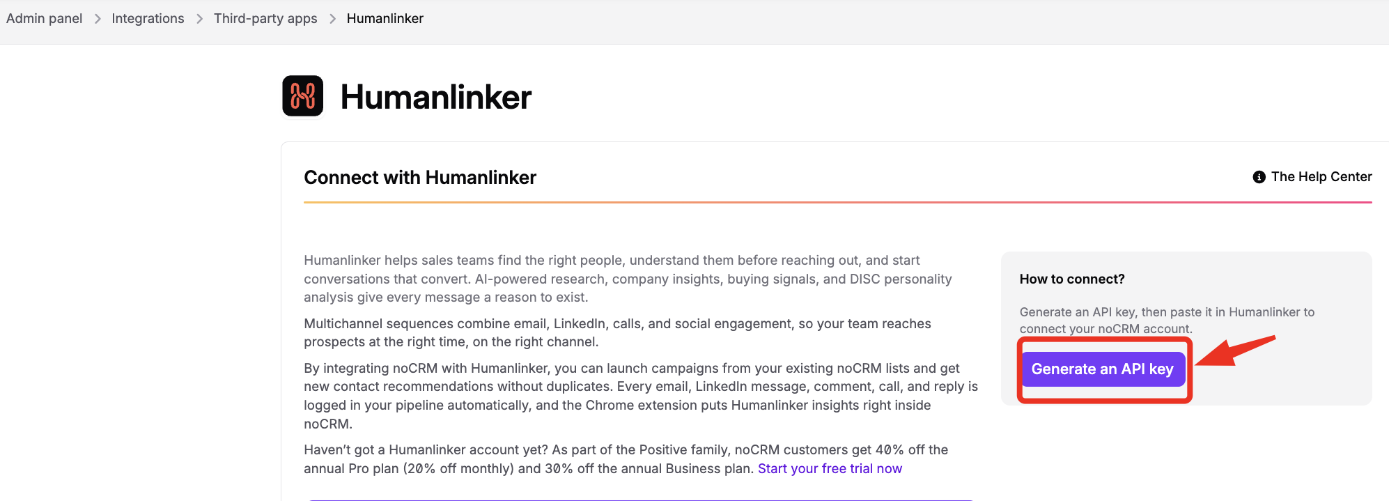 Humanlinker integration page in Admin panel > Integrations > Third-party apps, with a red arrow and outline highlighting the Generate an API key button in How to connect? Visible: Admin panel, Integrations, Third-party apps, Humanlinker, Connect with Humanlinker, The Help Center.