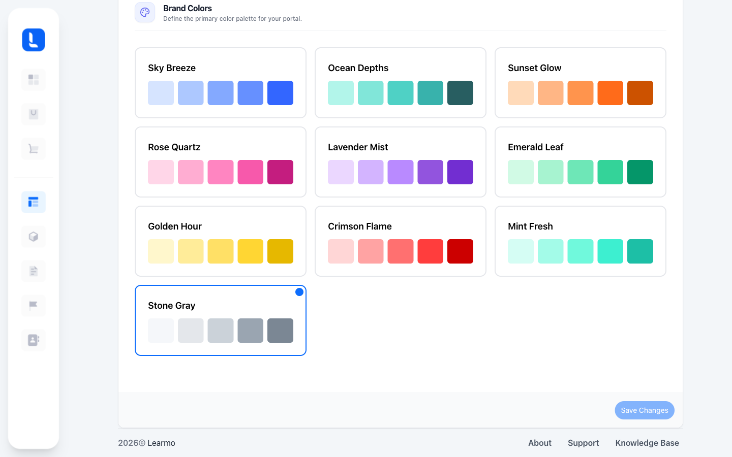 The Brand Colors section of Website, Branding, showing the grid of named color palettes with Stone Gray selected.