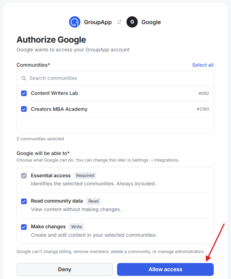 Google authorization screen for GroupApp showing selected communities and access permissions; a red arrow points to the Allow access button. Visible: GroupApp, Google, Authorize Google, Google wants to access your GroupApp account, Communities*, Select all.