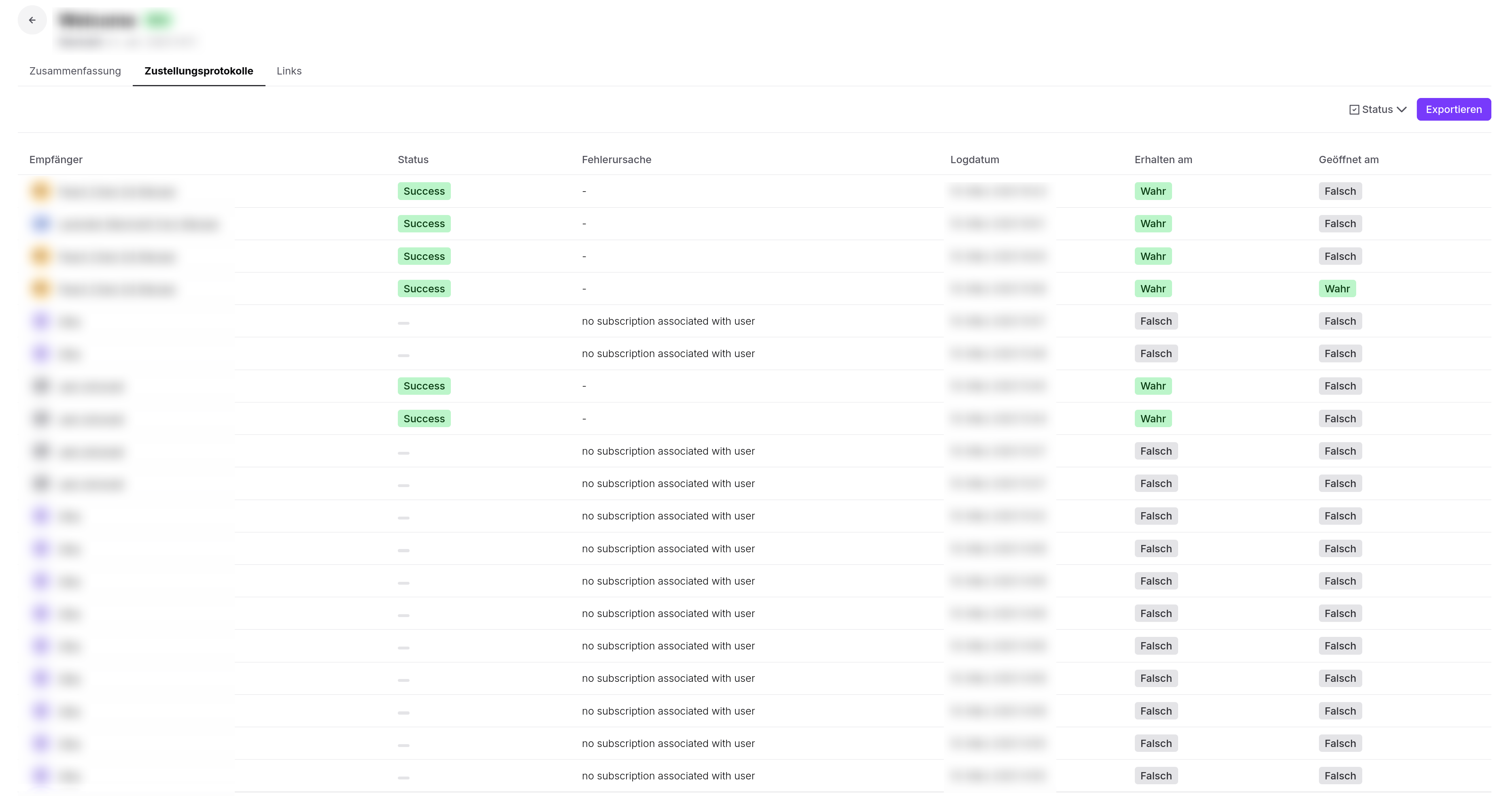 The Zustellungsprotokolle tab shows a delivery log table with recipient, status, error reason, and date columns, plus Status and Exportieren controls. Visible: Zusammenfassung, Zustellungsprotokolle, Links, Status, Exportieren, Empfänger.