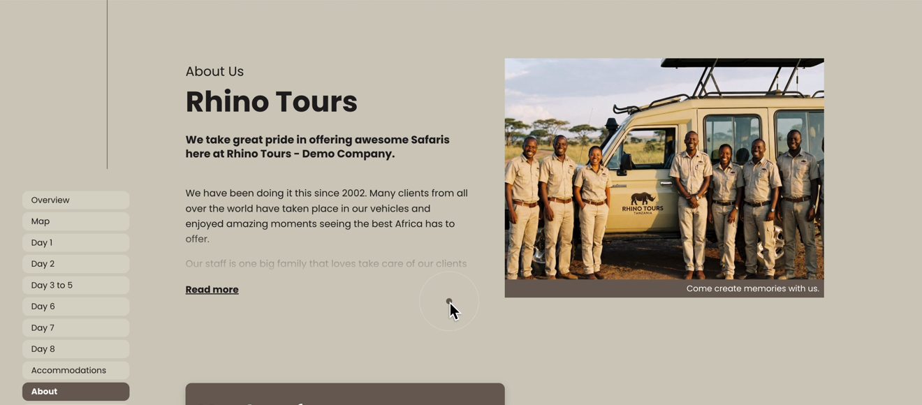 Rhino Tours website About Us section shows company text, a Read more link, and staff beside a safari vehicle; About is selected in the sidebar. Visible: About Us, Rhino Tours, We take great pride in offering awesome Safaris here at Rhino Tours - Demo Company., We have been doing it this since 2002.