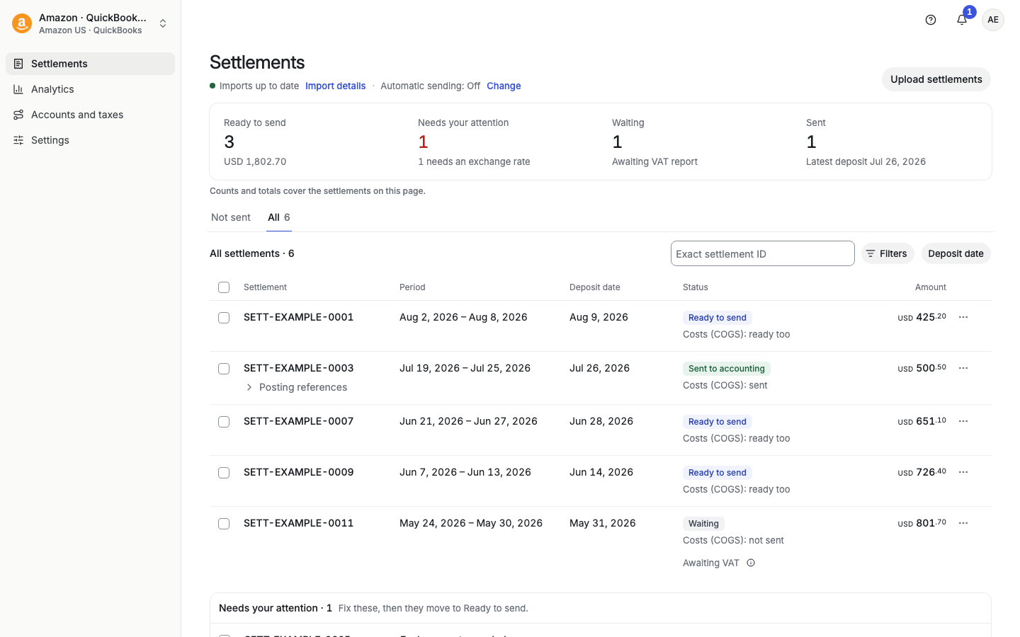 Settlements list with summary cards and the Automatic sending line