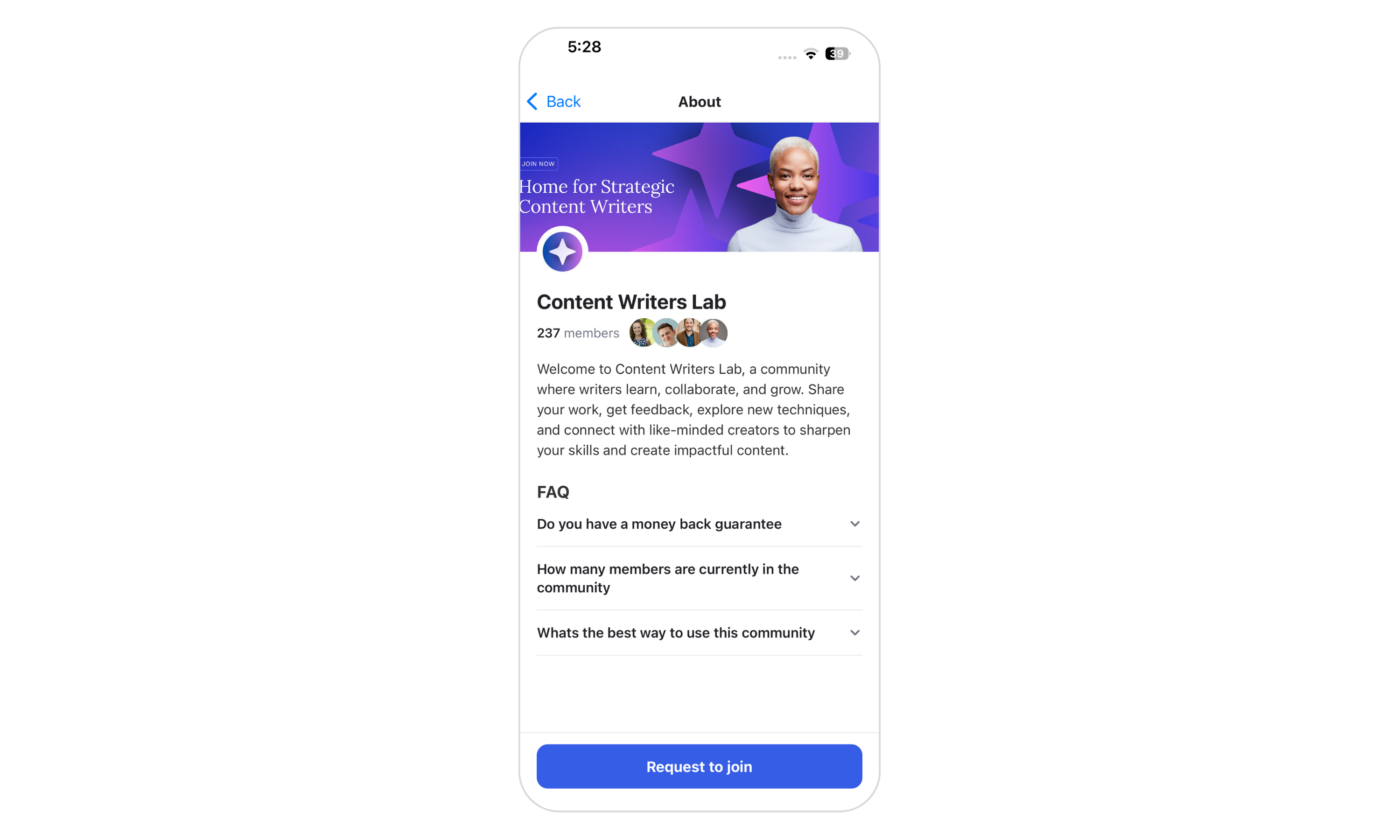 The mobile About screen for Content Writers Lab shows its banner, 237 members, community description, collapsed FAQ questions, and a Request to join button. Visible: Back, About, JOIN NOW, Home for Strategic Content Writers, Content Writers Lab, 237 members.