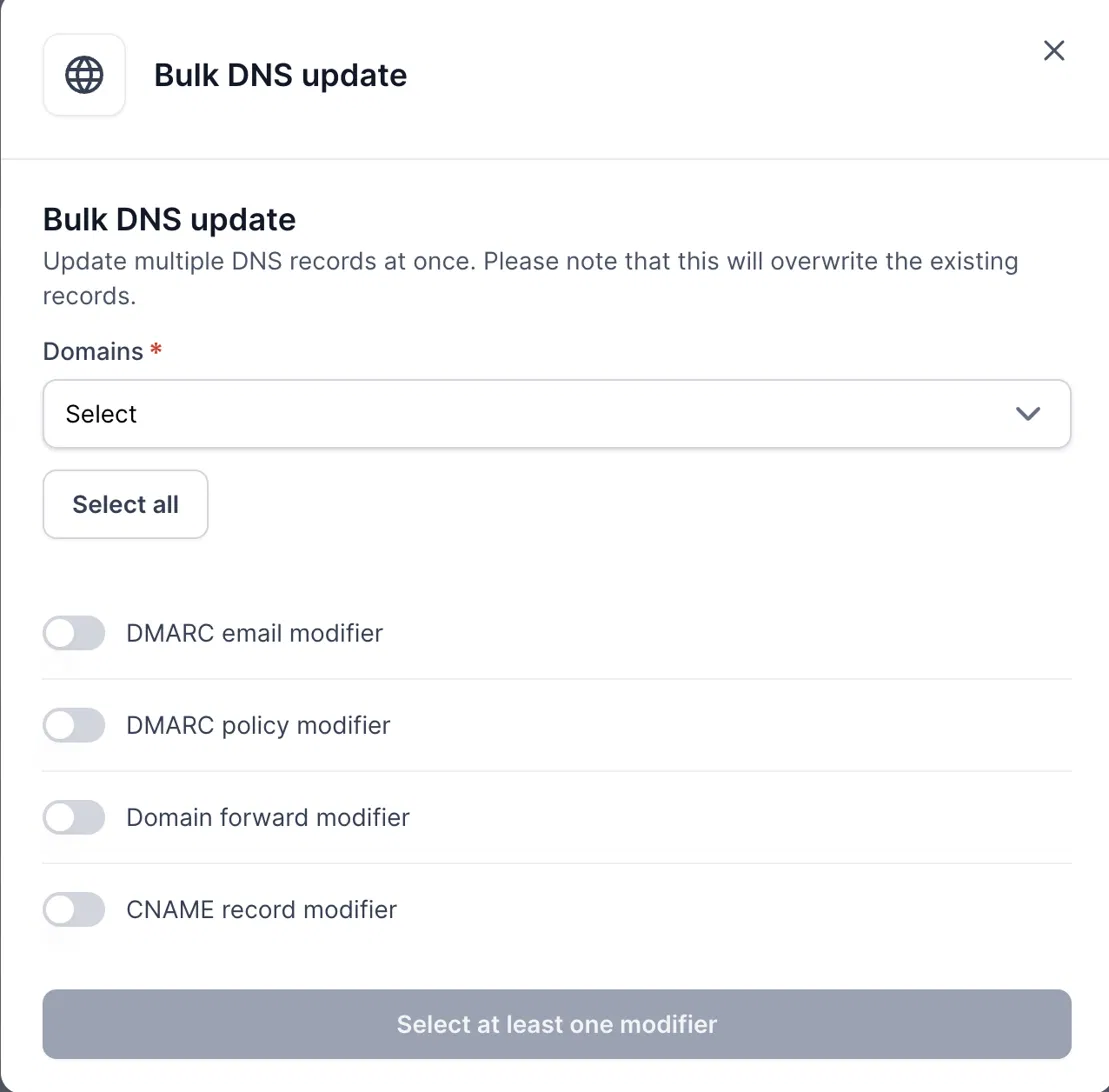 The Bulk DNS update screen shows a domain selector, Select all button, four modifier toggles, and a disabled action button. Visible: Bulk DNS update, Update multiple DNS records at once. Please note that this will overwrite the existing records., Domains *, Select, Select all, DMARC email modifier.