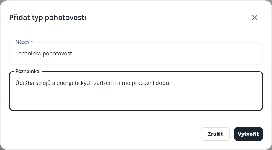 The “Přidat typ pohotovosti” dialog shows fields for a technical on-call type name and note, with Cancel and Create buttons. Visible: Přidat typ pohotovosti, Název *, Technická pohotovost, Poznámka, Údržba strojů a energetických zařízení mimo pracovní dobu., Zrušit.