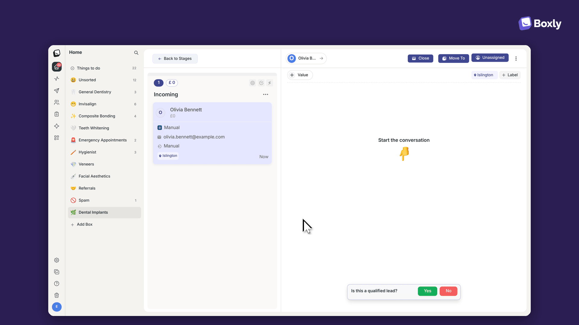 Boxly inbox shows the Dental Implants box with Olivia Bennett’s conversation selected and a qualified-lead prompt at the bottom of the conversation pane. Visible: Home, Things to do, Unsorted, General Dentistry, Invisalign, Composite Bonding.