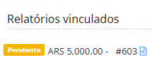 The “Relatórios vinculados” section shows a “Pendente” status and an amount of ARS 5.000,00. Visible: Relatórios vinculados, Pendente, ARS 5.000,00.