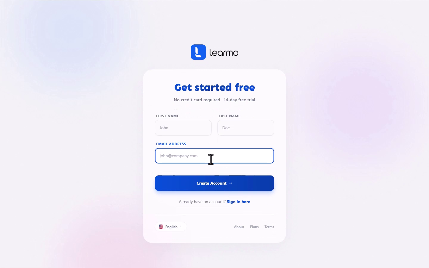 The Learmo registration page, Get started free, with the First Name, Last Name, and Email Address fields
