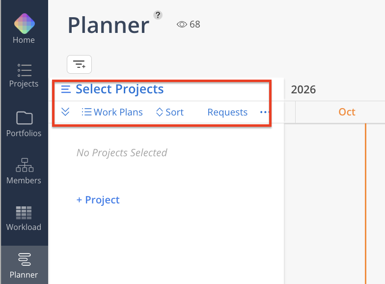 The Planner screen shows an empty project panel, with a red outline highlighting the Select Projects toolbar and its Work Plans, Sort, and Requests controls. Visible: Planner, Select Projects, Work Plans, Sort, Requests, No Projects Selected.