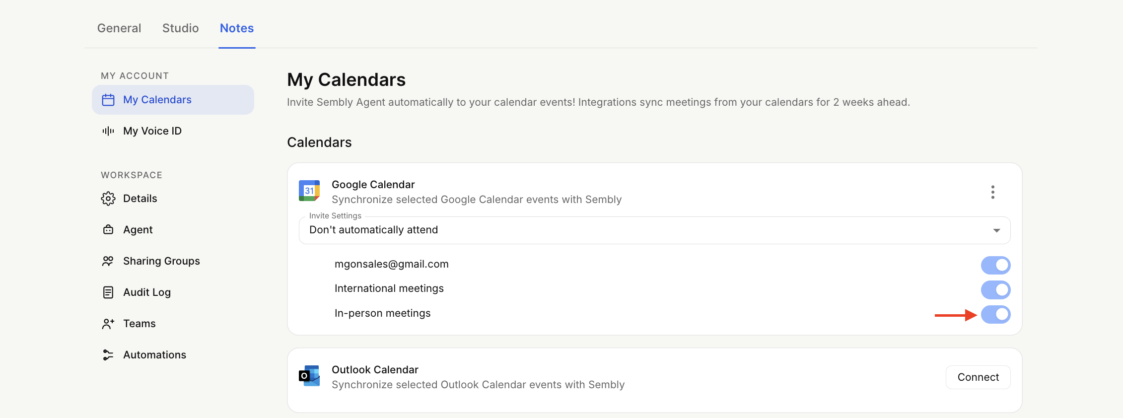 The My Calendars settings screen shows Google Calendar event sync options, with a red arrow pointing to the enabled In-person meetings toggle. Visible: General, Studio, Notes, MY ACCOUNT, My Calendars, My Voice ID.