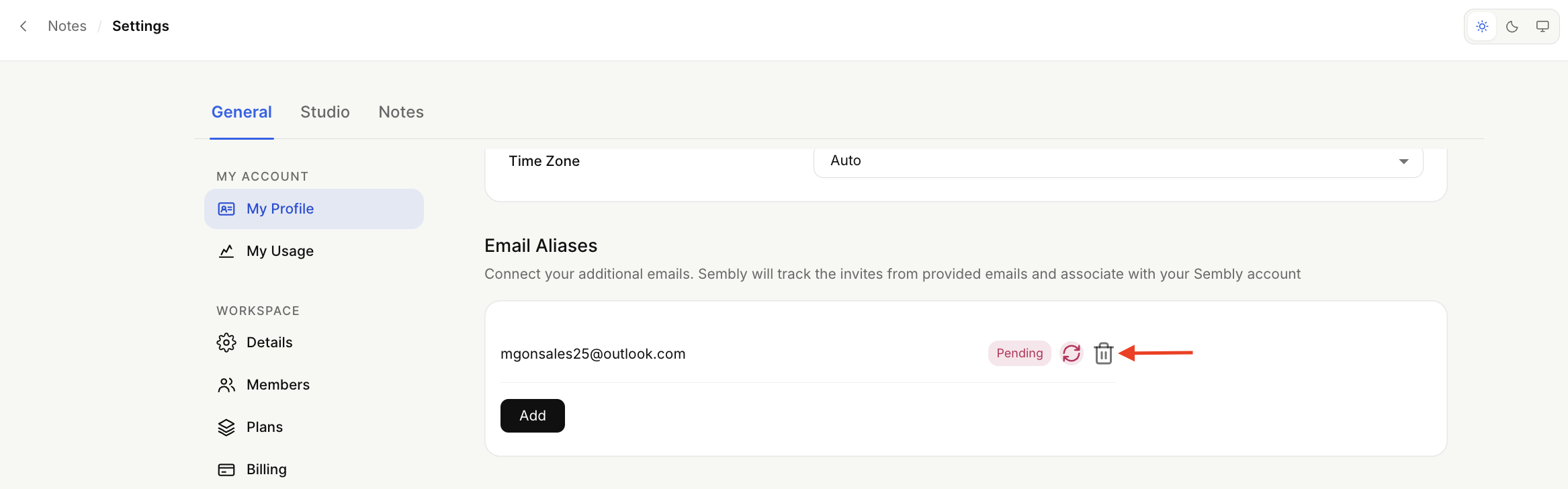 The General settings page shows My Profile selected and an Email Aliases entry marked Pending; a red arrow points to its trash-can delete icon. Visible: Notes, Settings, General, Studio, My Account, My Profile.