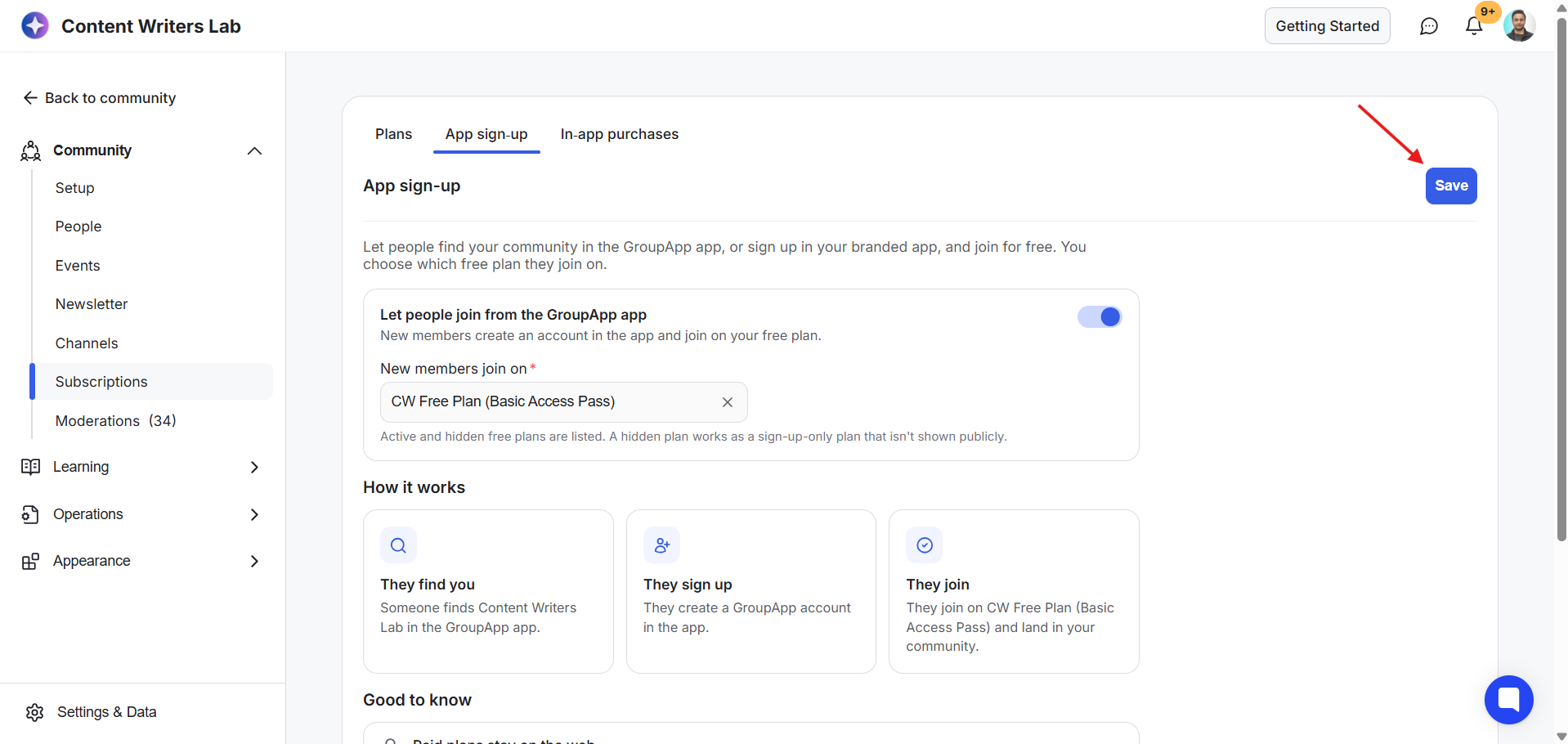 Community Subscriptions settings show the App sign-up tab, GroupApp join toggle, selected free plan, and a red arrow pointing to Save. Visible: Content Writers Lab, Back to community, Community, Setup, People, Events.