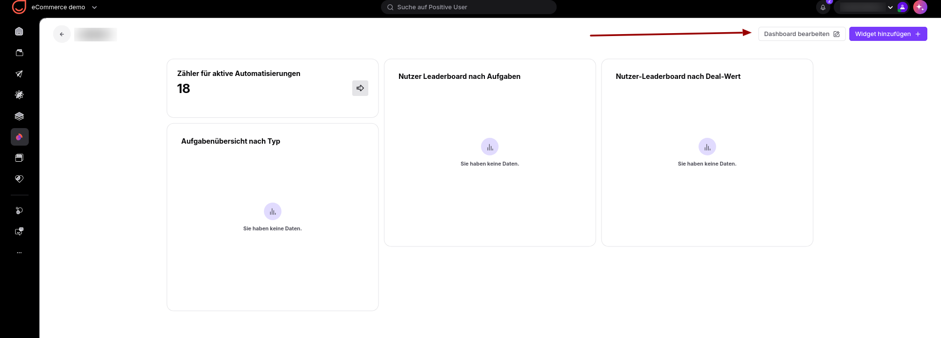 Das Dashboard zeigt den Zähler für aktive Automatisierungen und drei Aufgaben- und Deal-Auswertungen ohne Daten; der rote Pfeil zeigt auf „Dashboard bearbeiten“. Visible: eCommerce demo, Suche auf Positive User, Dashboard bearbeiten, Widget hinzufügen, Zähler für aktive Automatisierungen, 18.
