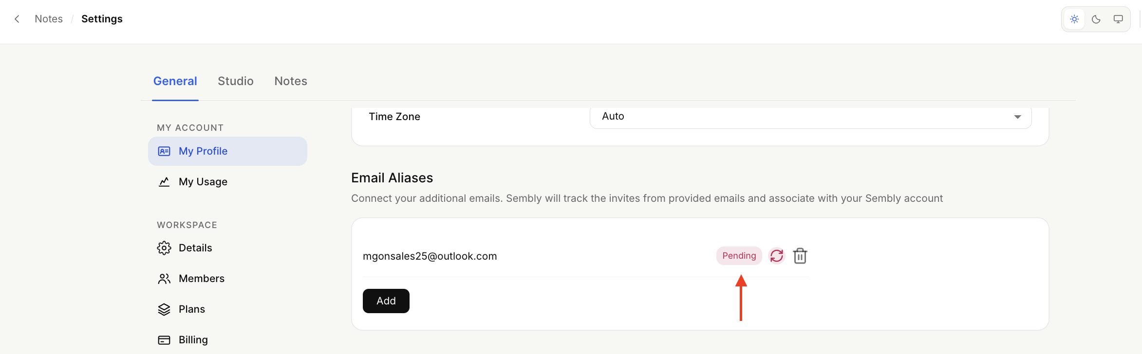 The General tab of Notes Settings shows the Email Aliases section, with a red arrow pointing to the resend icon beside a pending email alias. Visible: Notes, Settings, General, Studio, My Profile, My Usage.