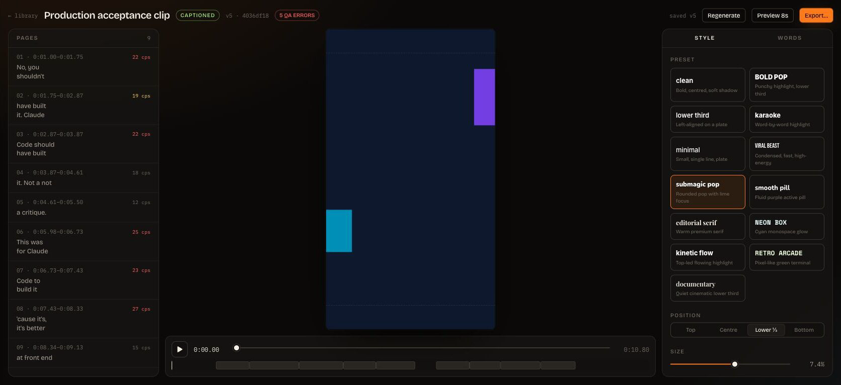 ClipSubtitles style controls with preset, motion and caption placement choices.