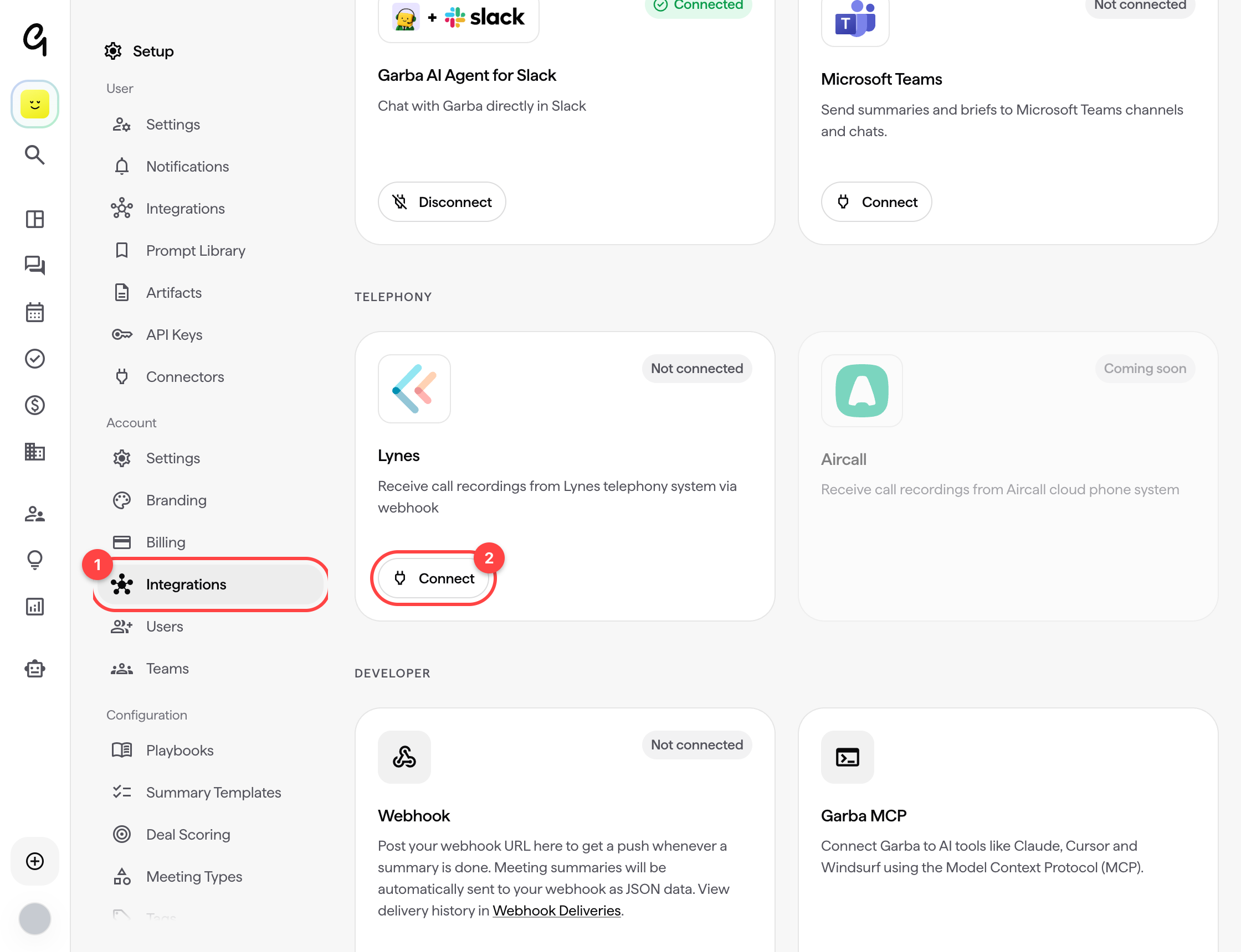 The Telephony section of the Garba integrations page, with the Lynes card and its Connect button