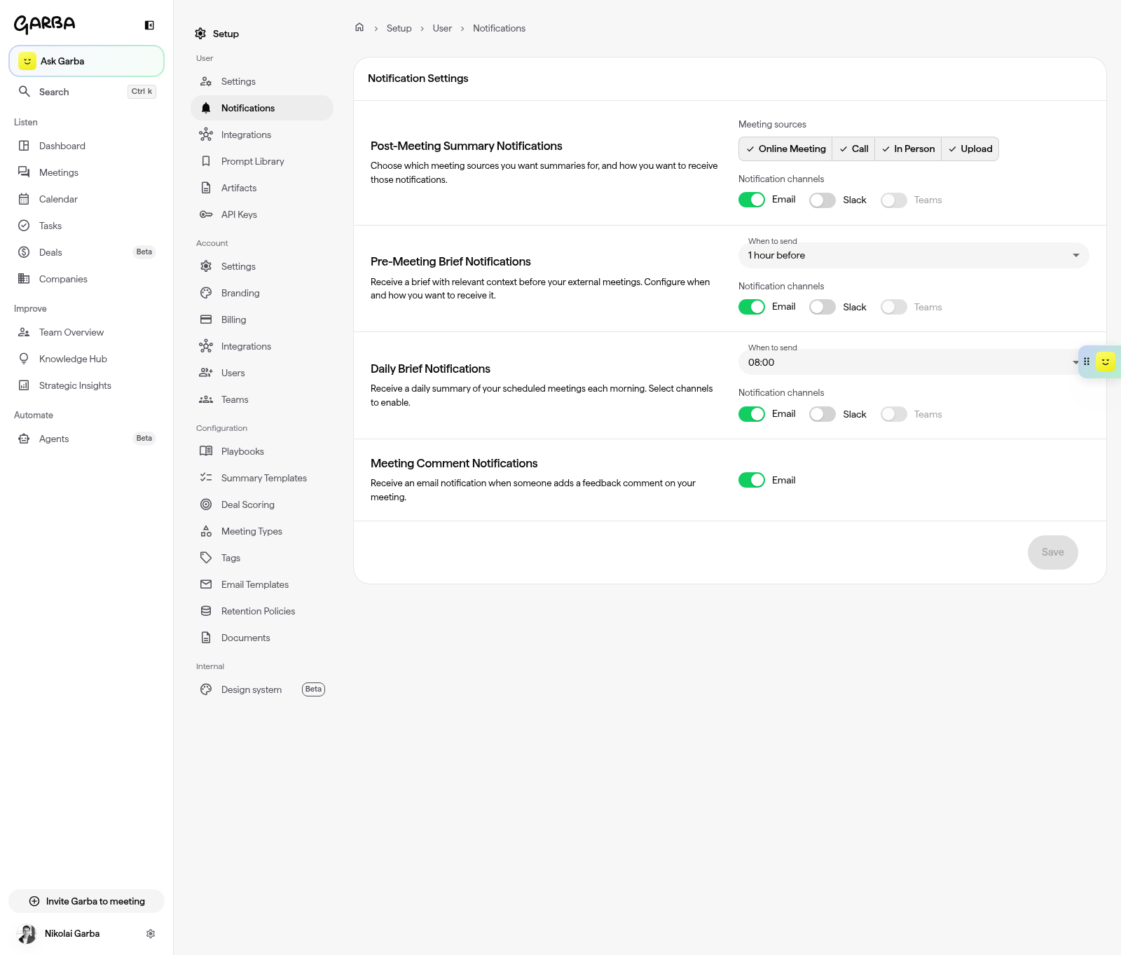 The Notifications page with Call selected in the Meeting sources group