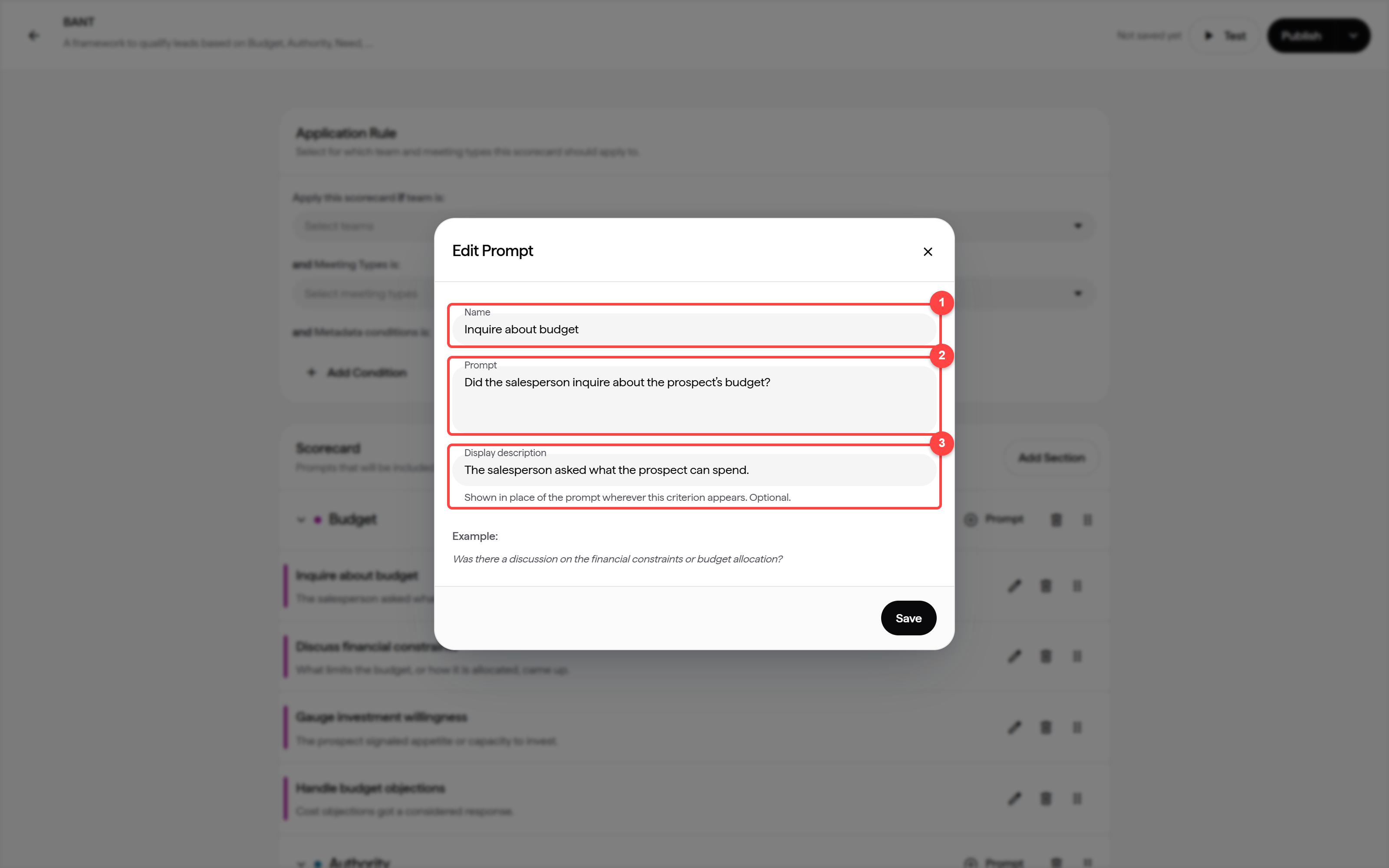 The Edit Prompt dialog with the Name, Prompt and Display description fields highlighted