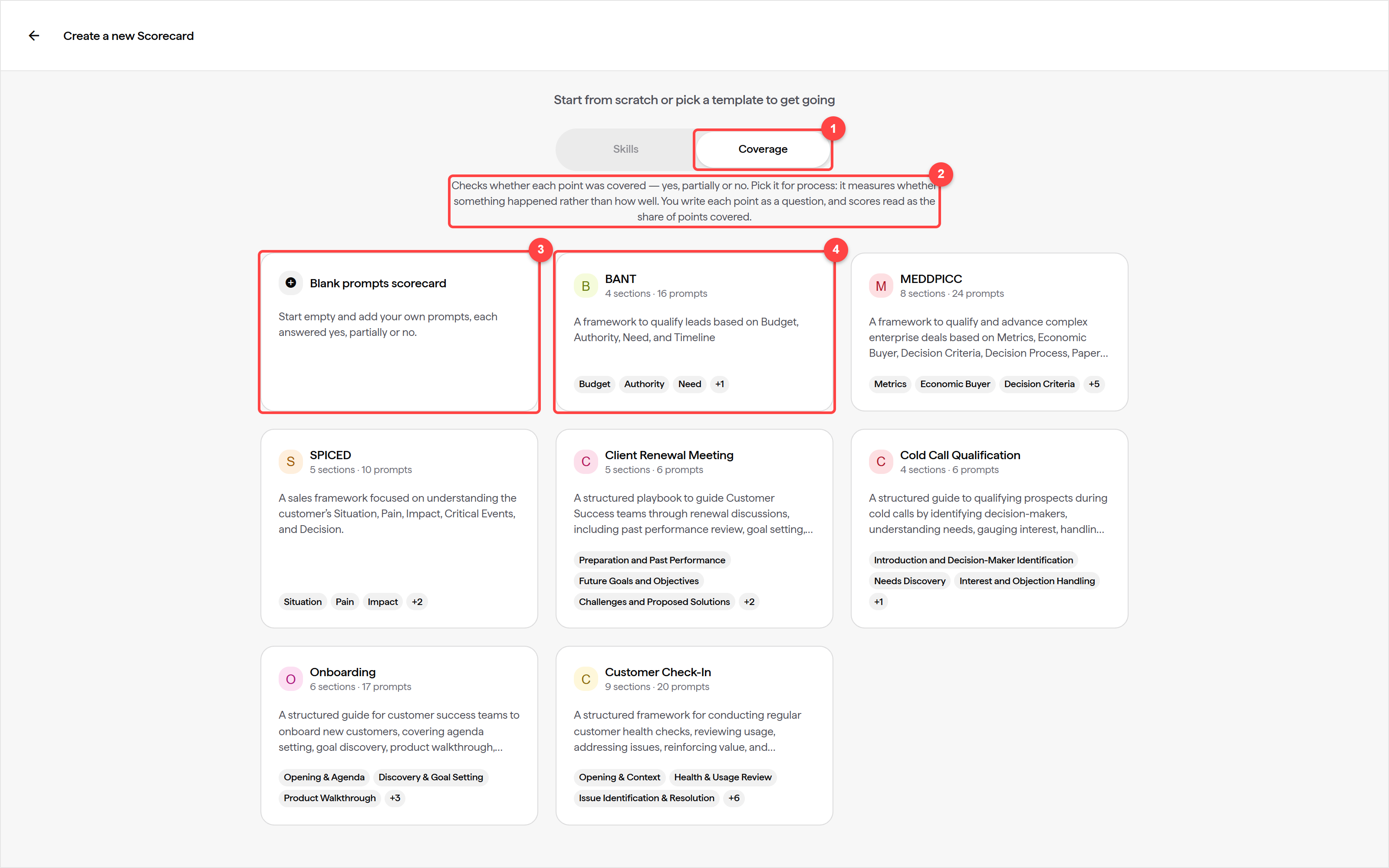 The Create a new Scorecard dialog with Coverage selected, showing the blank prompts scorecard and the Coverage templates