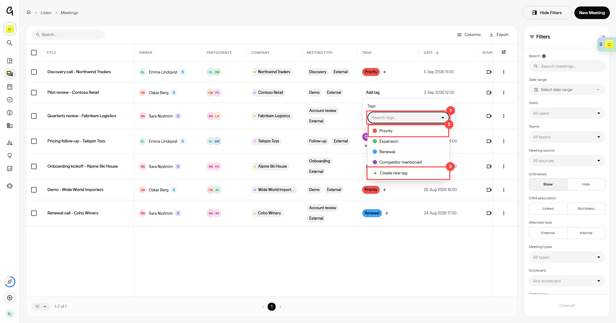 The tag picker dropdown showing existing tags and the Create new tag option