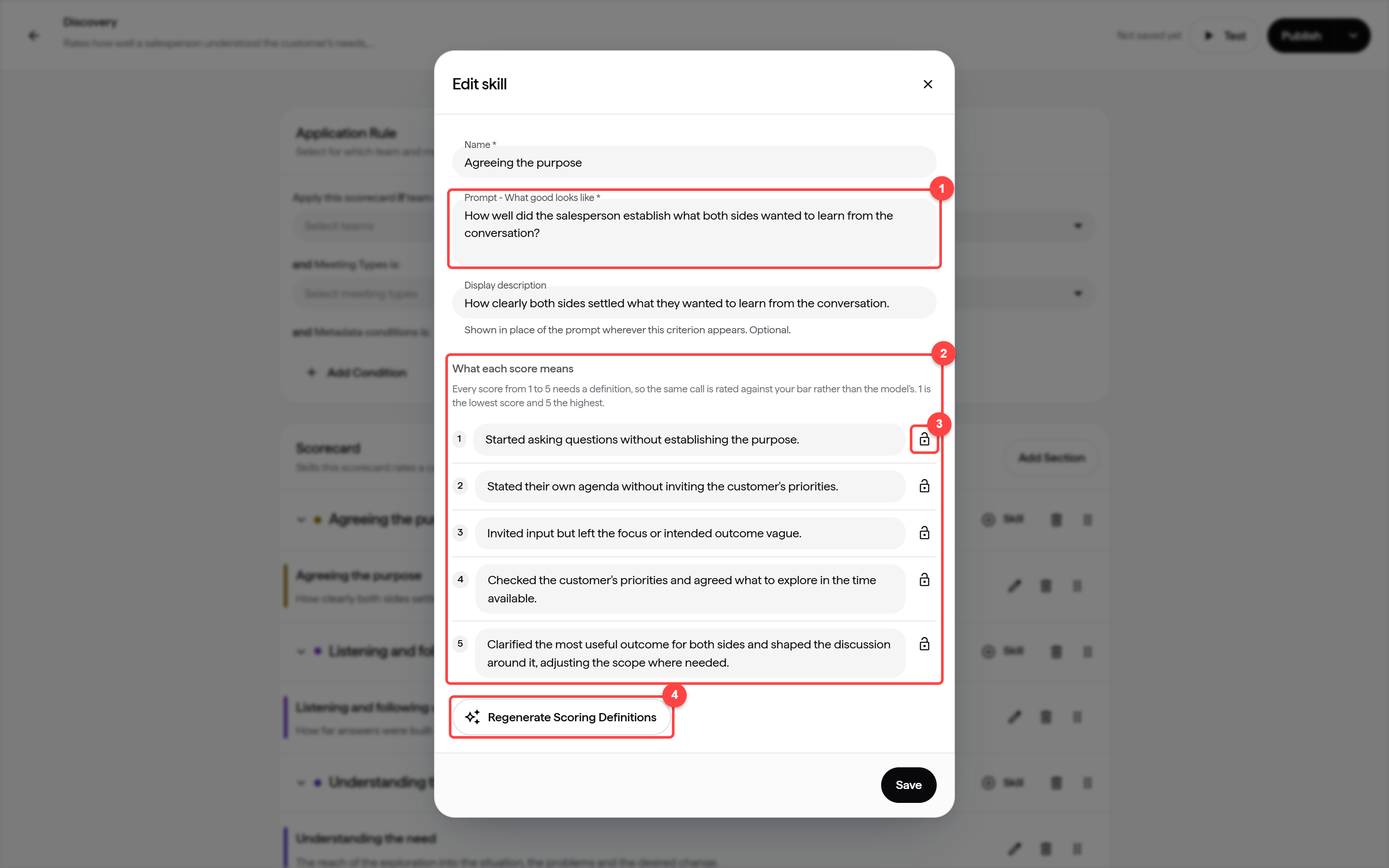 The Edit skill dialog with the prompt, the five score definitions, a lock button and Regenerate Scoring Definitions highlighted